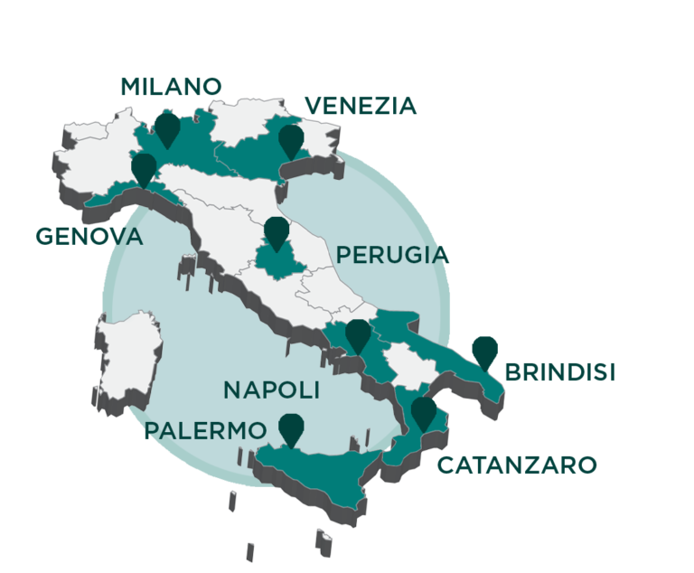 Cartina dell'Italia: dove siamo presenti. Milano, Genova, Perugia, Napoli, Catanzaro, Palermo.